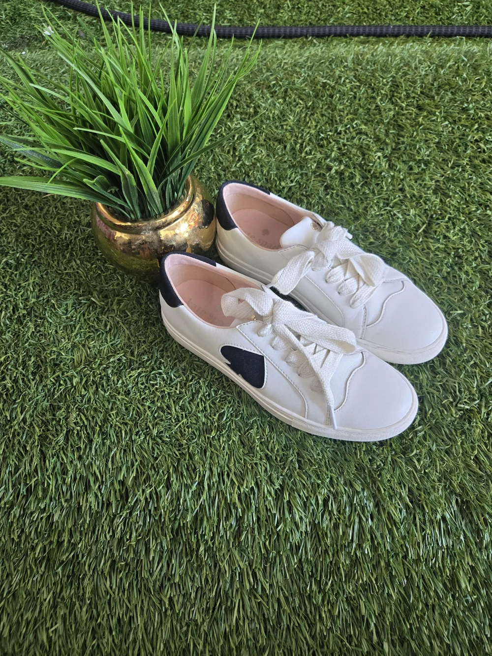 kate spade White Leather Sneakers with Black Heart Accents